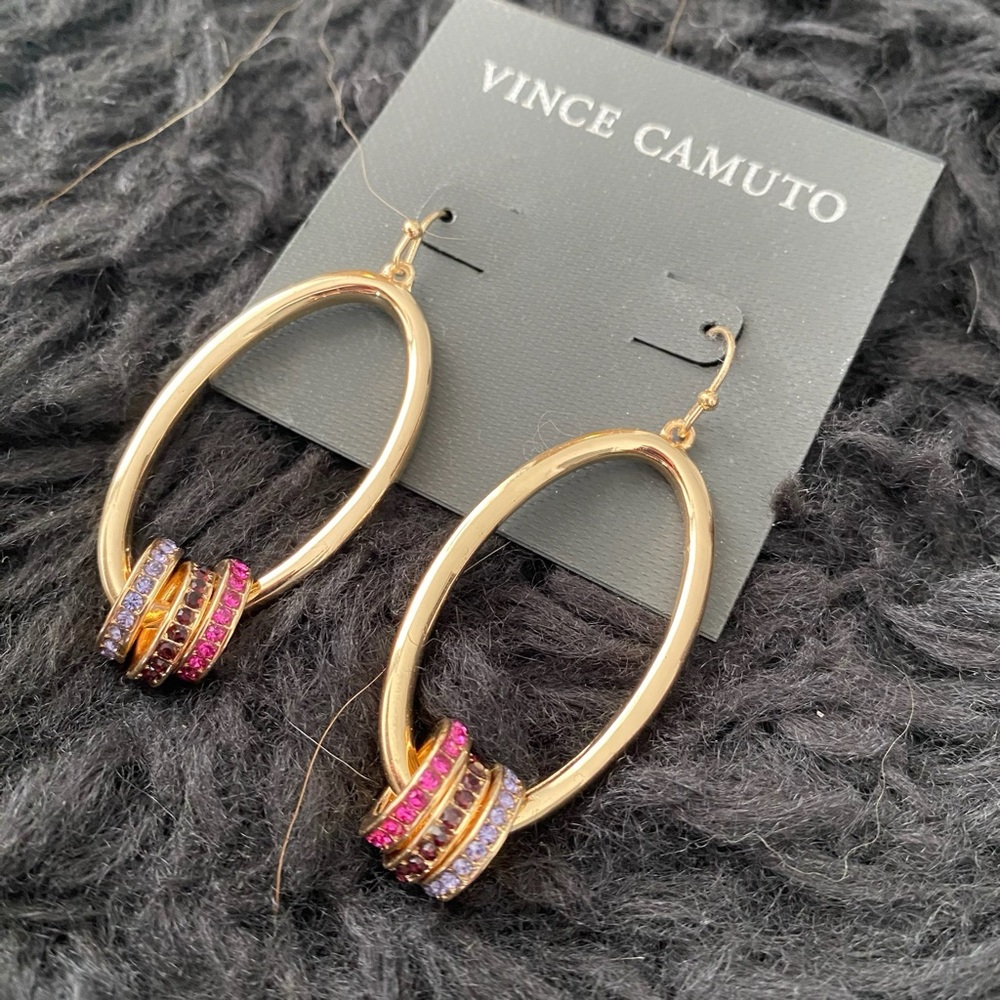 VINCE CAMUTO Gold Tone Drop Ring With Rainbow Hook Dangle Earrings NWT